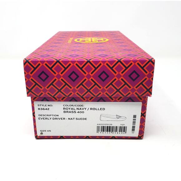 Tory Burch Everly Driver Loafers Nat Suede Royal Navy Rolled Brass 83642 Size 6 - Picture 10 of 11